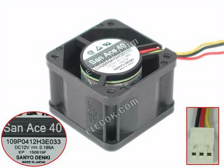 Sanyo Denki 109P0412H3E033 Server - čtvercový Ventilátor, sq40x40x28mm, w50x3x3, DC 12V 0,195A 3 vodiče 