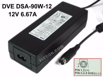 DVE DSA-90W-12 AC Adapter 5V-12V 12V 6,67A, 4-Pin P1&amp;amp;4=V&amp;#x2B;, 2-Prong, Použitý 