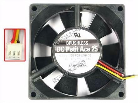 Sanyo Denki 109P0812H401 Szerver - Négyzet Ventilátor 109P0812H401, sq80x80x25, w35x3x3, 12V 0,14A 3 vezeték 
