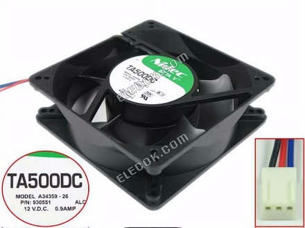 Nidec A34359-26 Server - čtvercový Ventilátor ALC, sq127x127x38mm, 3 vodiče, DC 12V 0.90A, Ocel 