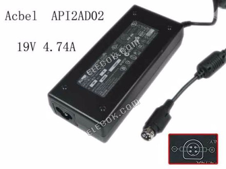 Acbel Polytech API2AD02 AC Adapter- Notebook 19V 4,74A, 4-Pin P3&amp;amp;4=V&amp;#x2B;, 3-Prong, Použitý 