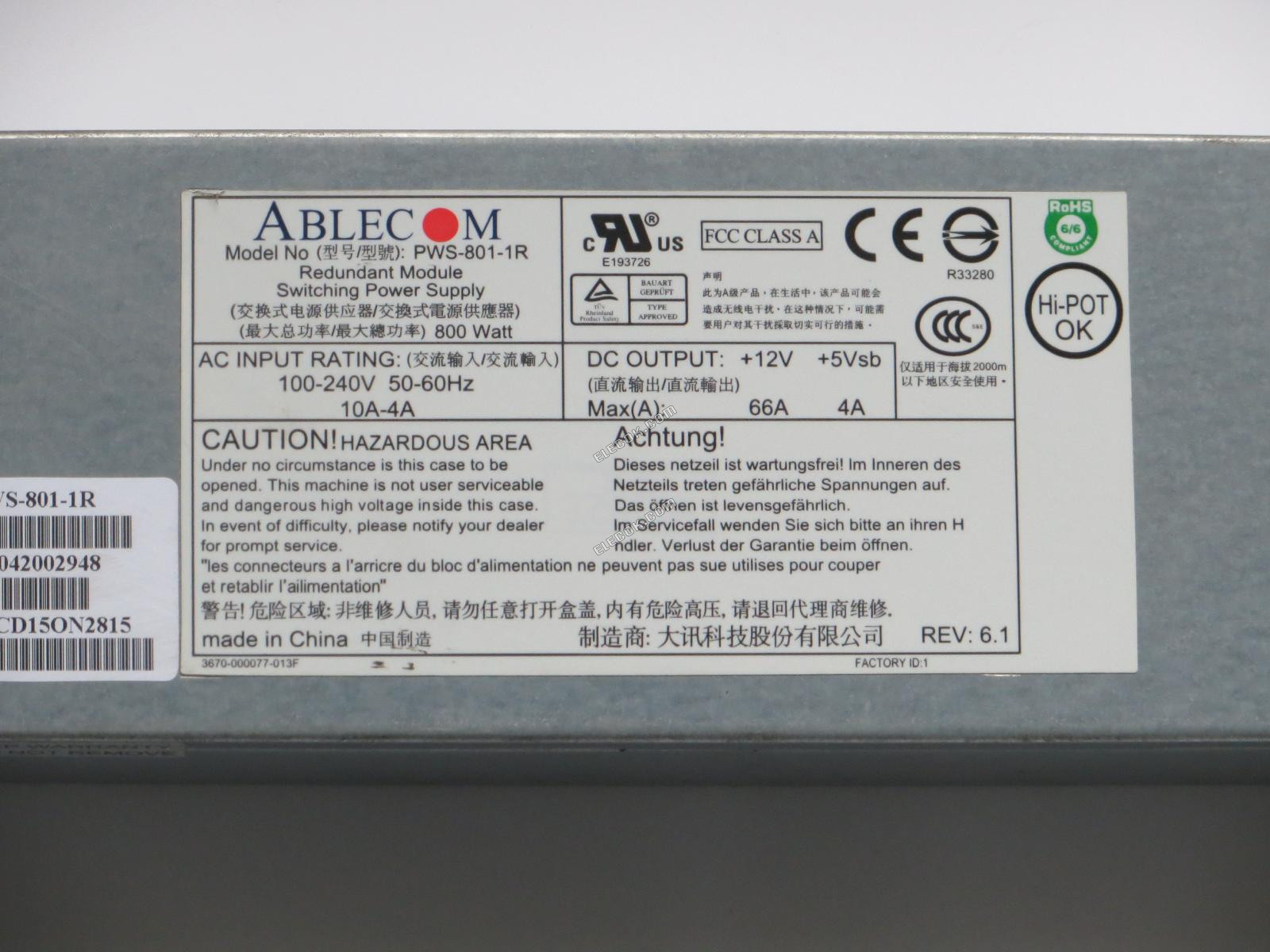 Ablecom PWS-801-1R Szerver Tápegység 800W, PWS-801-1R, Használt 