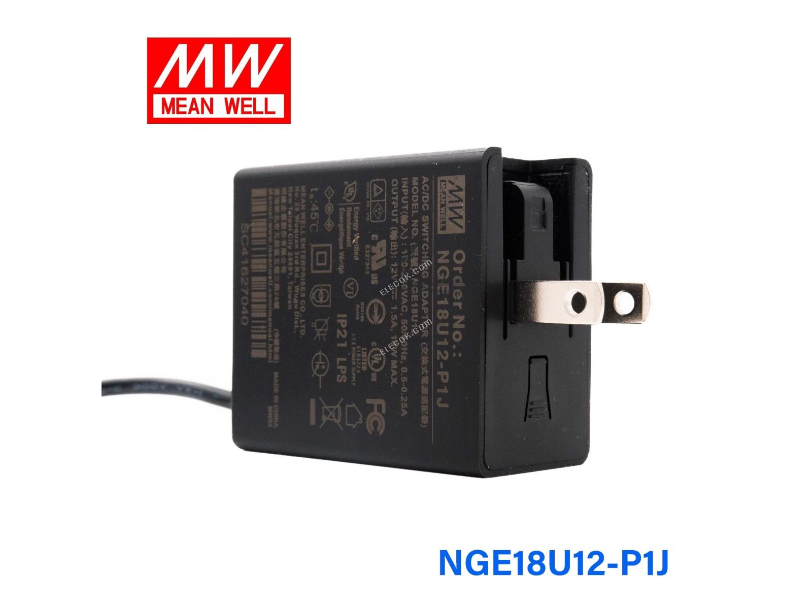 Mean Well NGE18U12-P1J AC-DC Wall-mounted Zöld Adaptor - US Csatlakozó - 18W 12V 1,5A 
