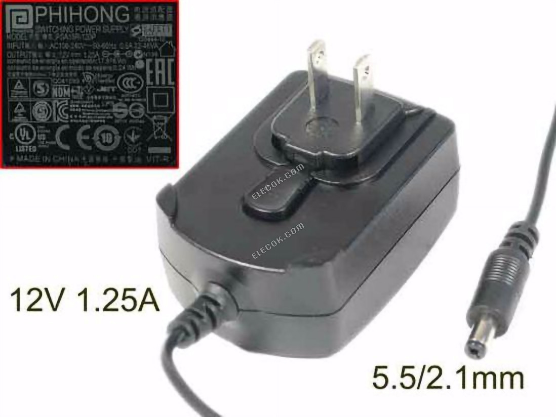 PHIHONG PSA15R-120P AC Adapter 5V-12V 12V 1,25A, 5,5/2.1mm, US 2P helyettesítő 