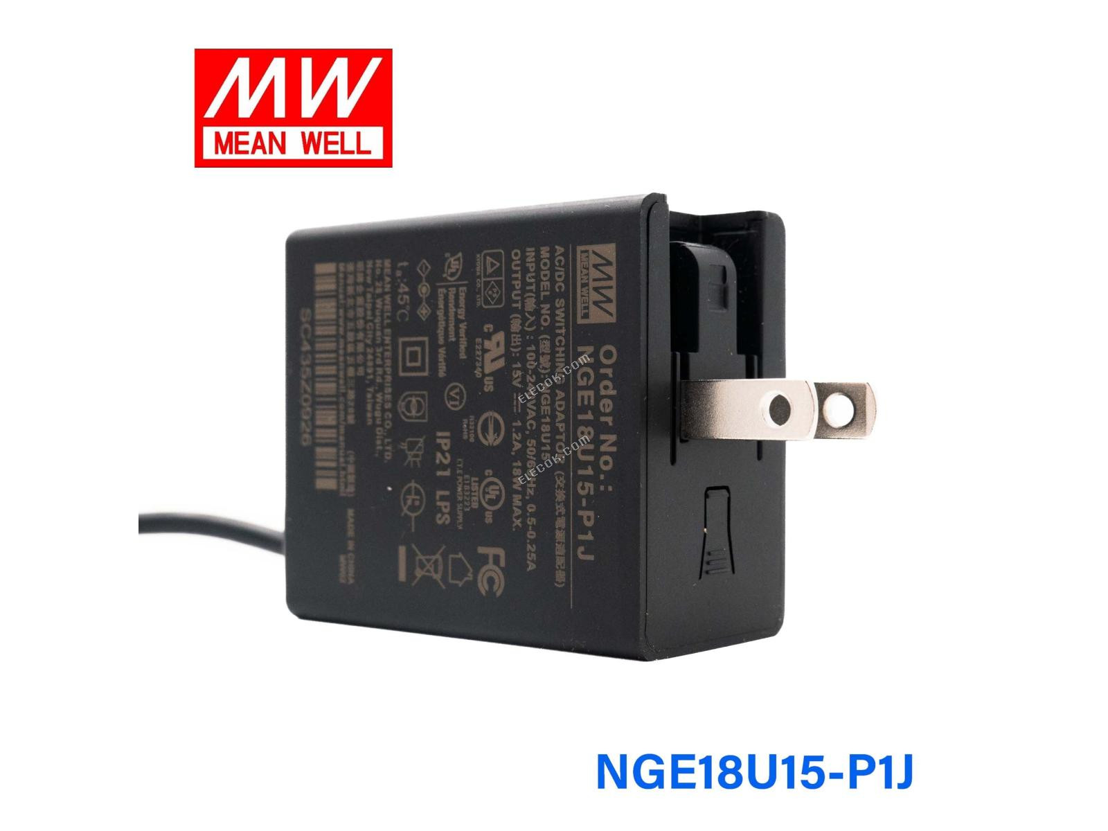 Mean Well NGE18U15-P1J AC-DC Wall-mounted Zöld Adaptor - US Csatlakozó - 18W 15V 1,2A 