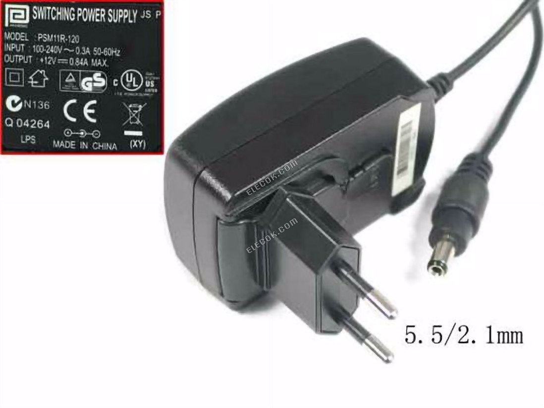 PHIHONG PSM11R-120 AC Adapter 5V-12V 12V 0,84A, Barrel 5,5/2.1mm, EU 2-Pin Zástrčka 