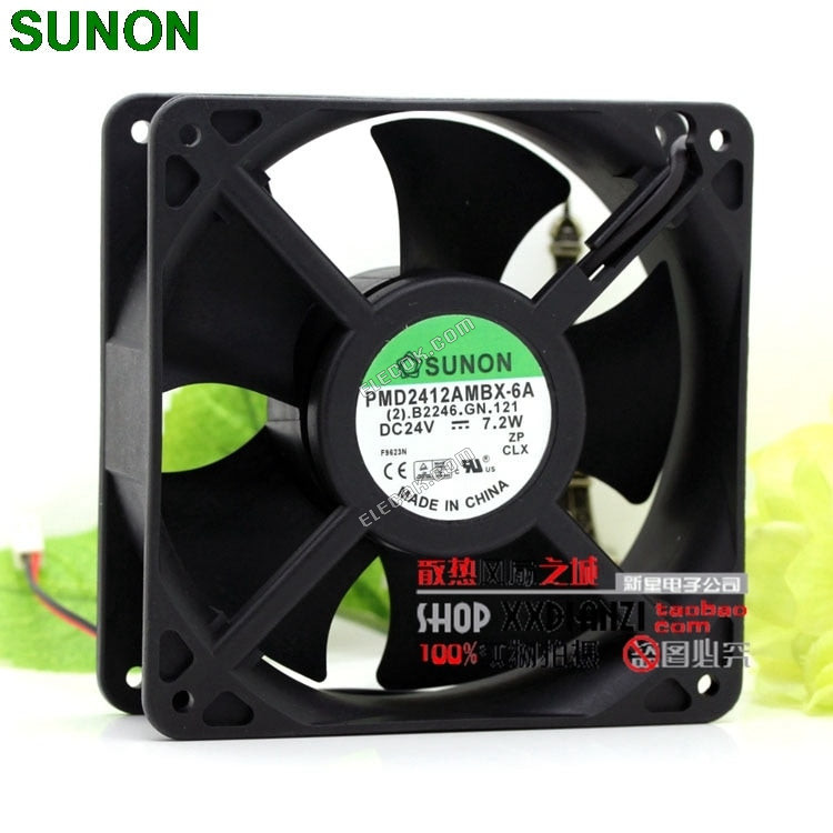 SUNON PMD2412AMBX-6A Szerver - Négyzet Ventilátor 2 .B2246.GN.121, SF120x120x38, w150x2x2, 24V 7,2W 2 vezeték 