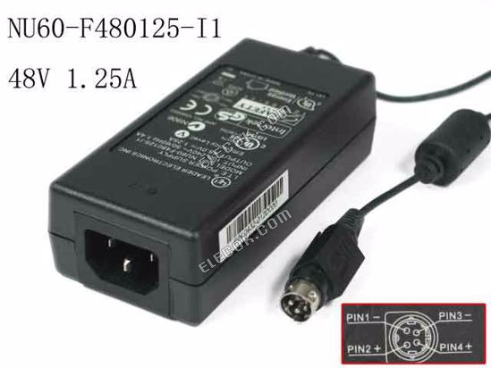 LEI / Leader NU60-F480125-I1 VáLTóáRAM Adapter- Laptop 48V 1,25A, 4P, P1&amp;3=V+ Nagy, P2&amp;4=V-, C14, Használt helyettesítő 