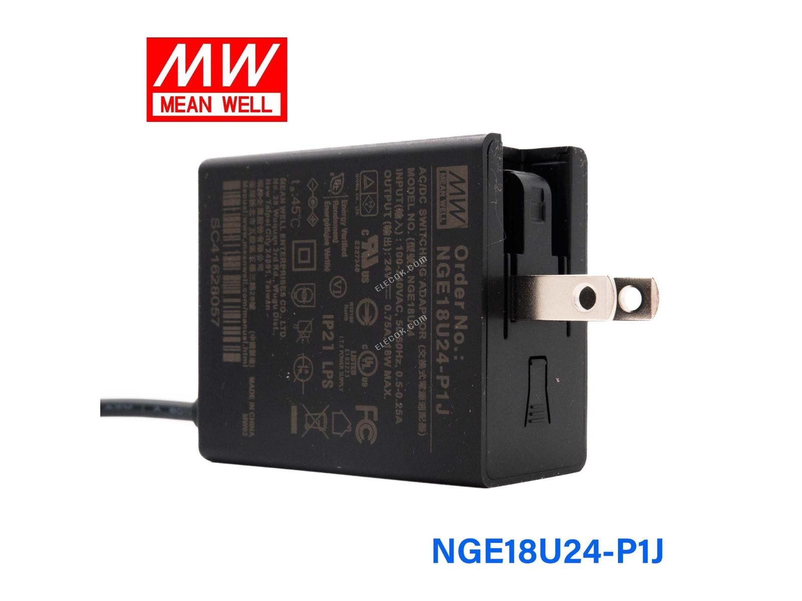 Mean Well NGE18U24-P1J AC-DC Wall-mounted Zöld Adaptor - US Csatlakozó - 18W 24V 0,75A 