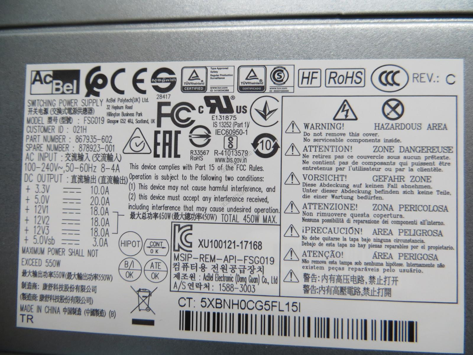 AcBel fsg019 D21H 857935-602 878923-001 550W 
