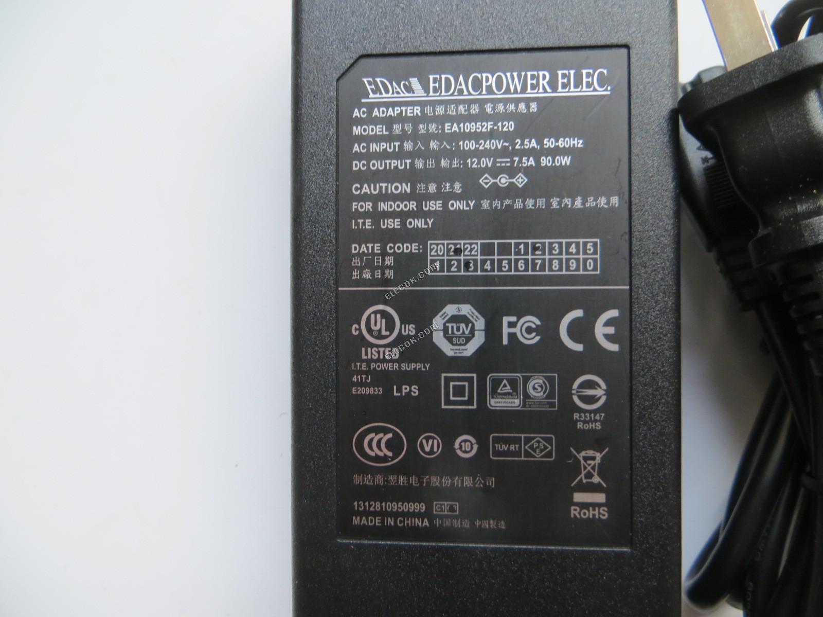 EDAC EDACPOWER ELEC 12V7.5A EA10952F-120, csatolófelület egyezik 5.5*2.5MM 