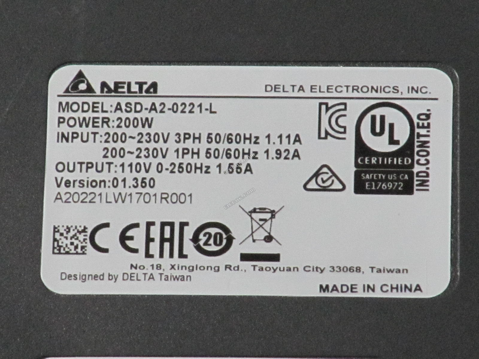Delta 200W 0.2KW A2 Série Servosystém Pohon + Motor ASD-A2-0221-L + ECMA-C10602PS Nový 