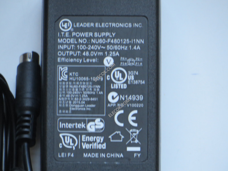 LEI / Leader NU60-F480125-I1NN AC Adapter- Laptop 48V 1.25A, The connectoris round small  4pin ,Used